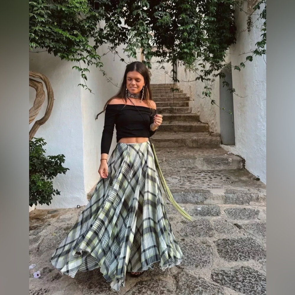 Zara Green Plaid Full Maxi Skirt
